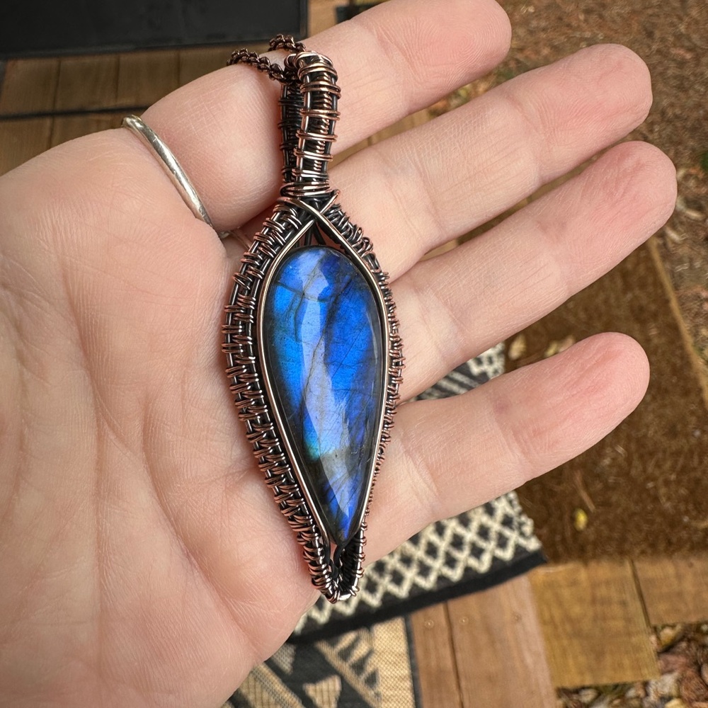 Labradorite Blue Fire Copper Wire Wrapped Large Pendant